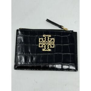 Tory Burch Britten Croc Leather Zip Card case in Black